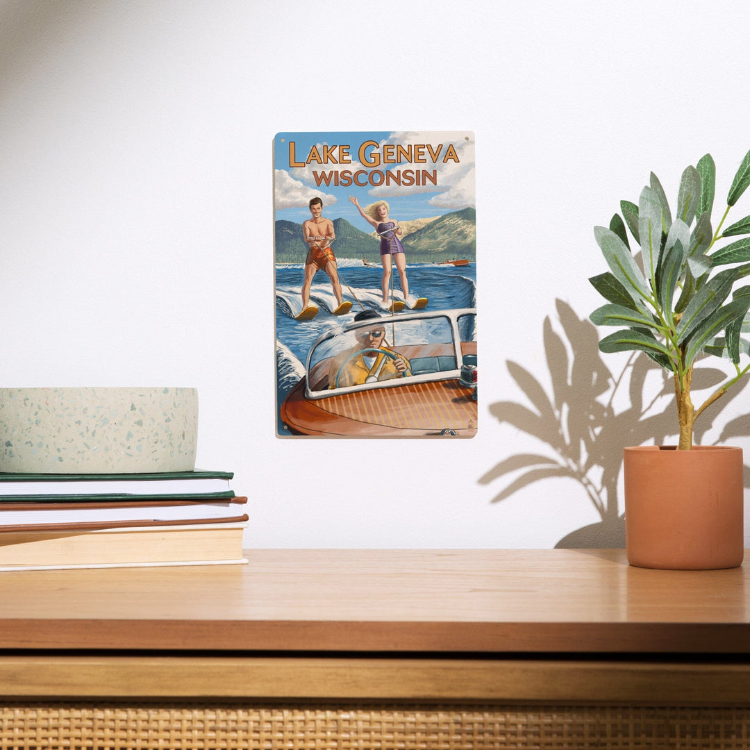 Lake Geneva, Wisconsin, Water Skiing Scene, Lantern Press Artwork, Wood Signs and Postcards - Lantern Press