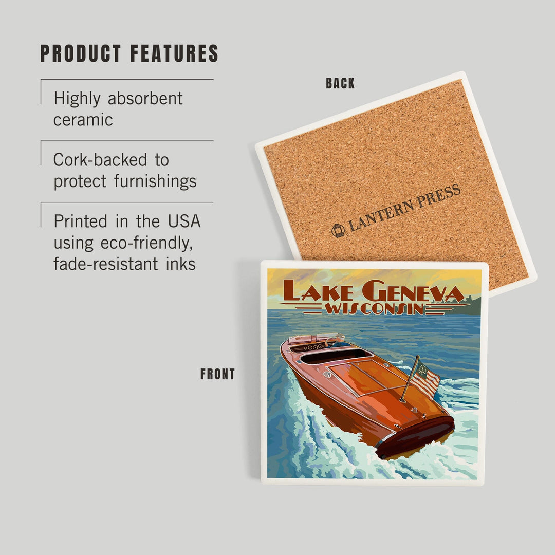Lake Geneva, Wisconsin, Wooden Boat, Coasters Coasters Lantern Press