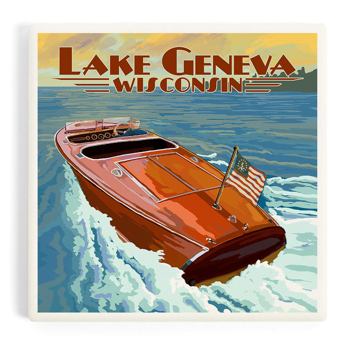 Lake Geneva, Wisconsin, Wooden Boat, Coasters Coasters Lantern Press Coaster