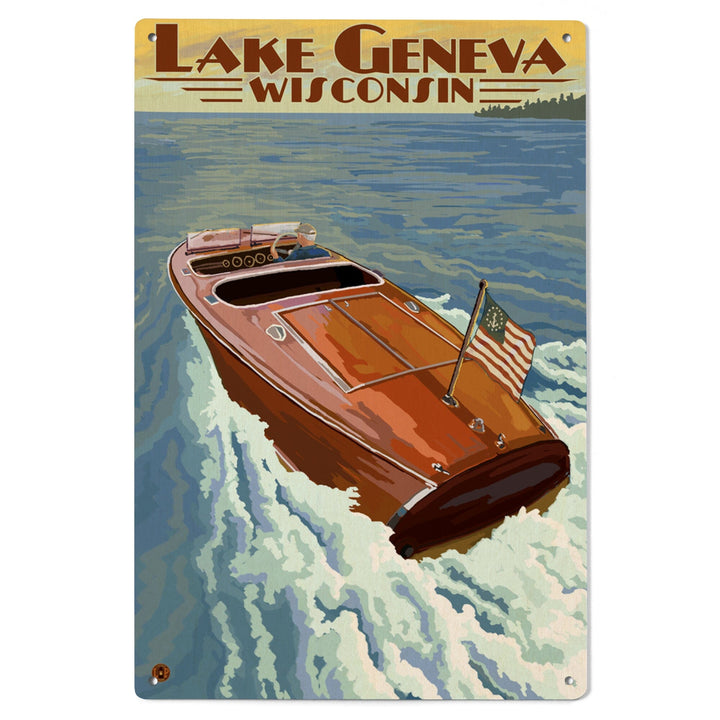 Lake Geneva, Wisconsin, Wooden Boat, Lantern Press Artwork, Wood Signs and Postcards - Lantern Press