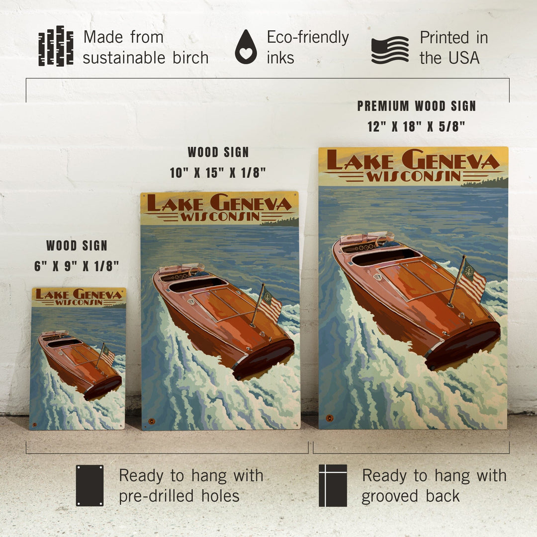 Lake Geneva, Wisconsin, Wooden Boat, Lantern Press Artwork, Wood Signs and Postcards - Lantern Press