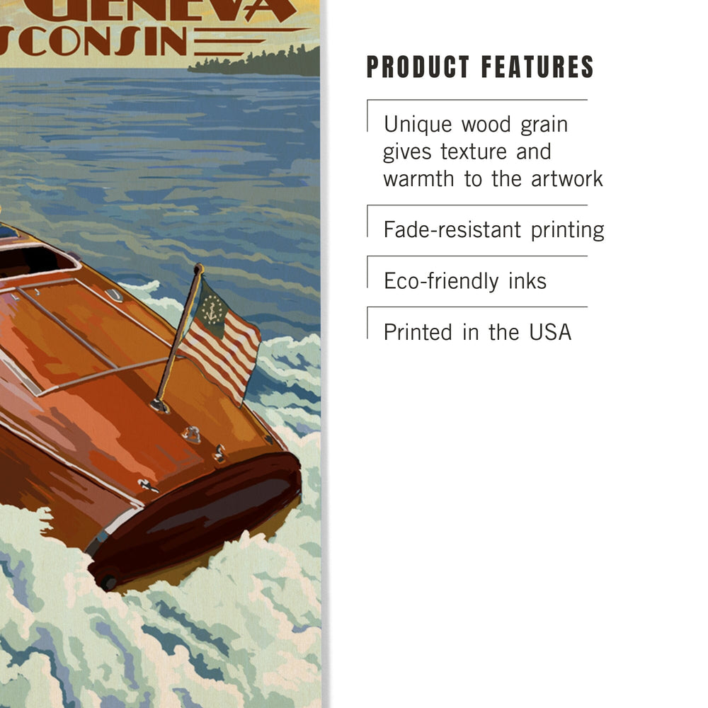 Lake Geneva, Wisconsin, Wooden Boat, Lantern Press Artwork, Wood Signs and Postcards - Lantern Press