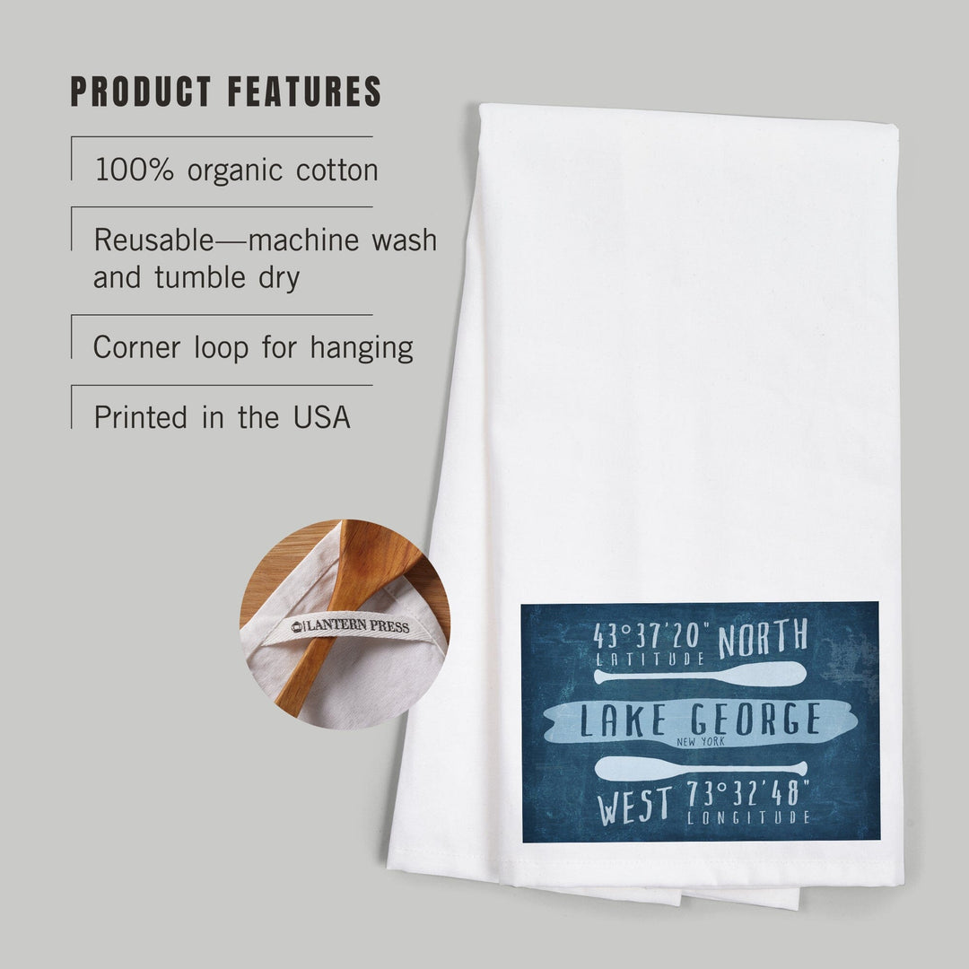 Lake George, New York, Lake Essentials, Latitude and Longitude, Organic Cotton Kitchen Tea Towels Kitchen Lantern Press