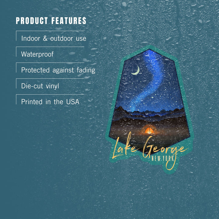 Lake George, New York, Tent & Night Sky, Mid-Century Style, Contour, Lantern Press Artwork, Vinyl Sticker - Lantern Press