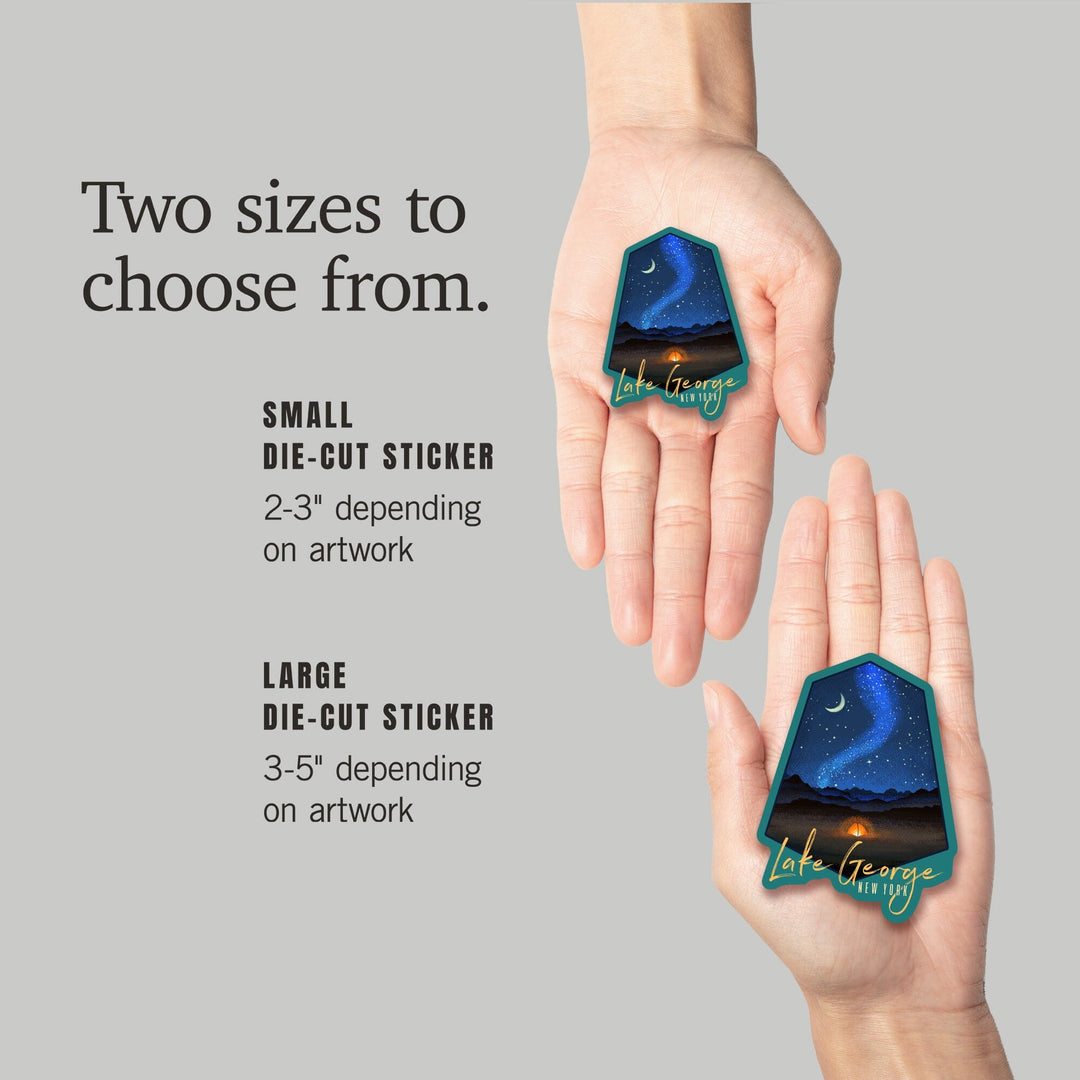 Lake George, New York, Tent & Night Sky, Mid-Century Style, Contour, Lantern Press Artwork, Vinyl Sticker - Lantern Press