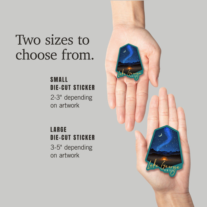 Lake George, New York, Tent & Night Sky, Mid-Century Style, Contour, Lantern Press Artwork, Vinyl Sticker - Lantern Press