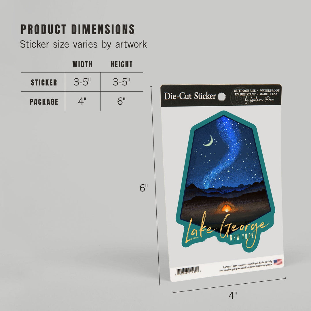 Lake George, New York, Tent & Night Sky, Mid-Century Style, Contour, Lantern Press Artwork, Vinyl Sticker - Lantern Press