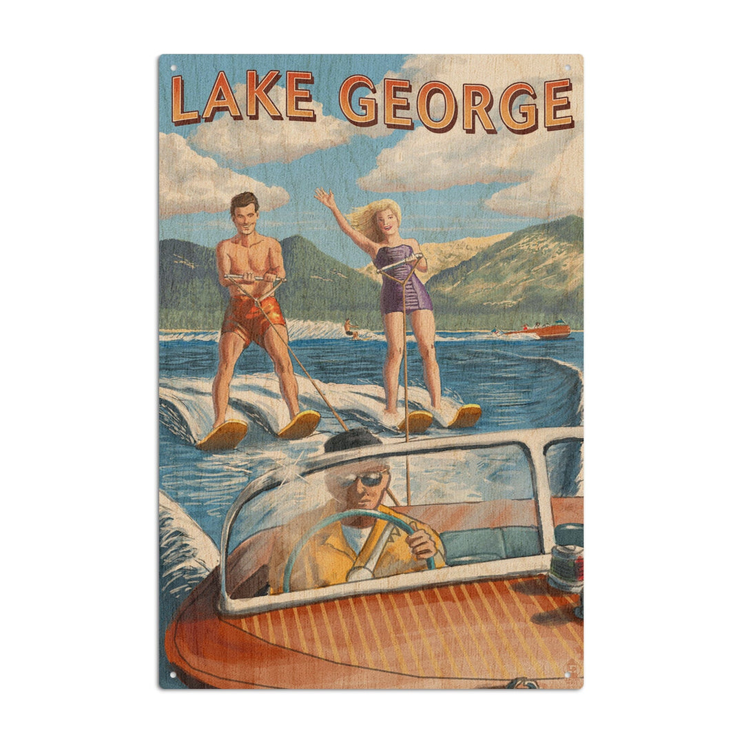 Lake George, New York, Water Skiing Scene, Lantern Press Artwork, Wood Signs and Postcards - Lantern Press
