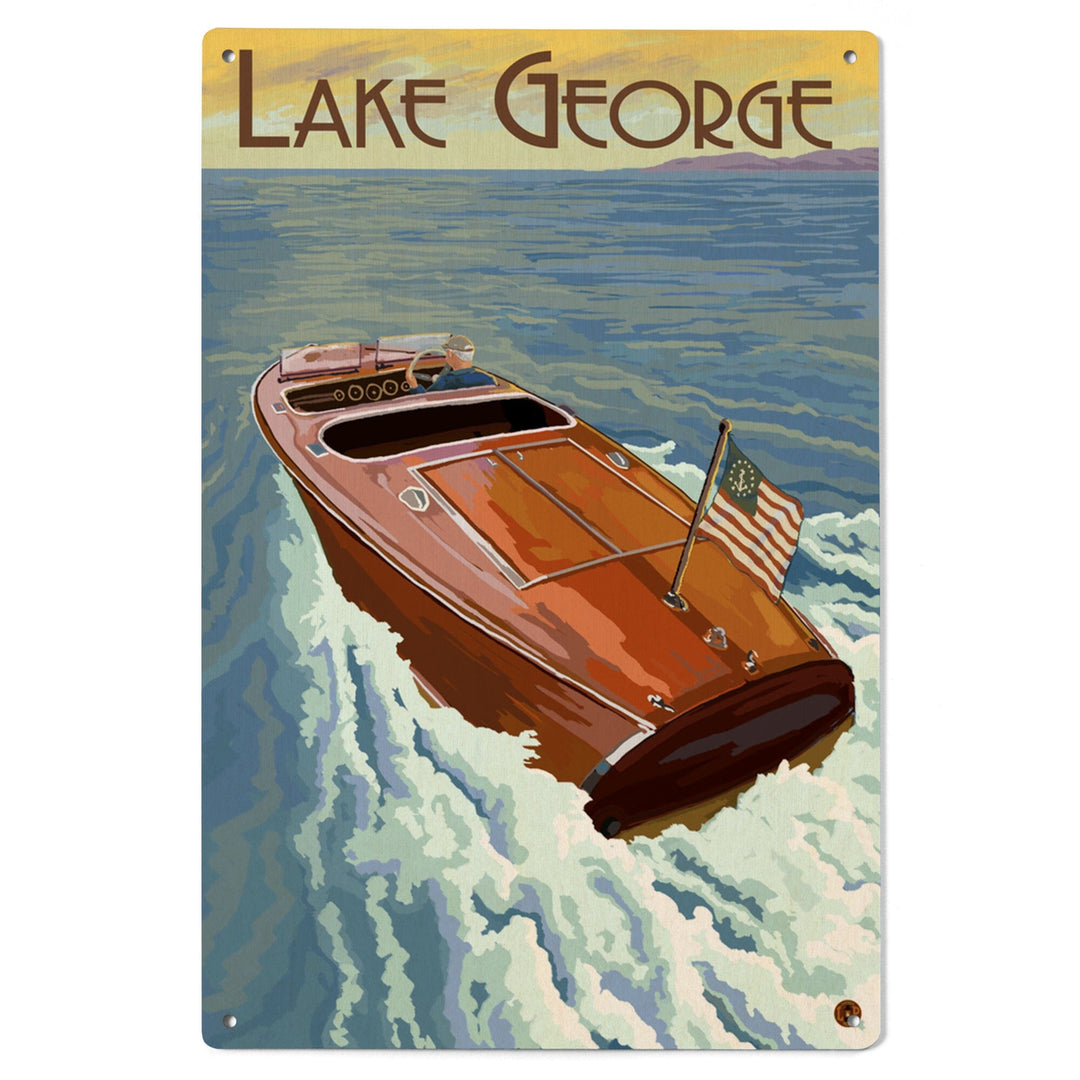 Lake George, New York, Wooden Boat on Lake, Lantern Press Artwork, Wood Signs and Postcards - Lantern Press