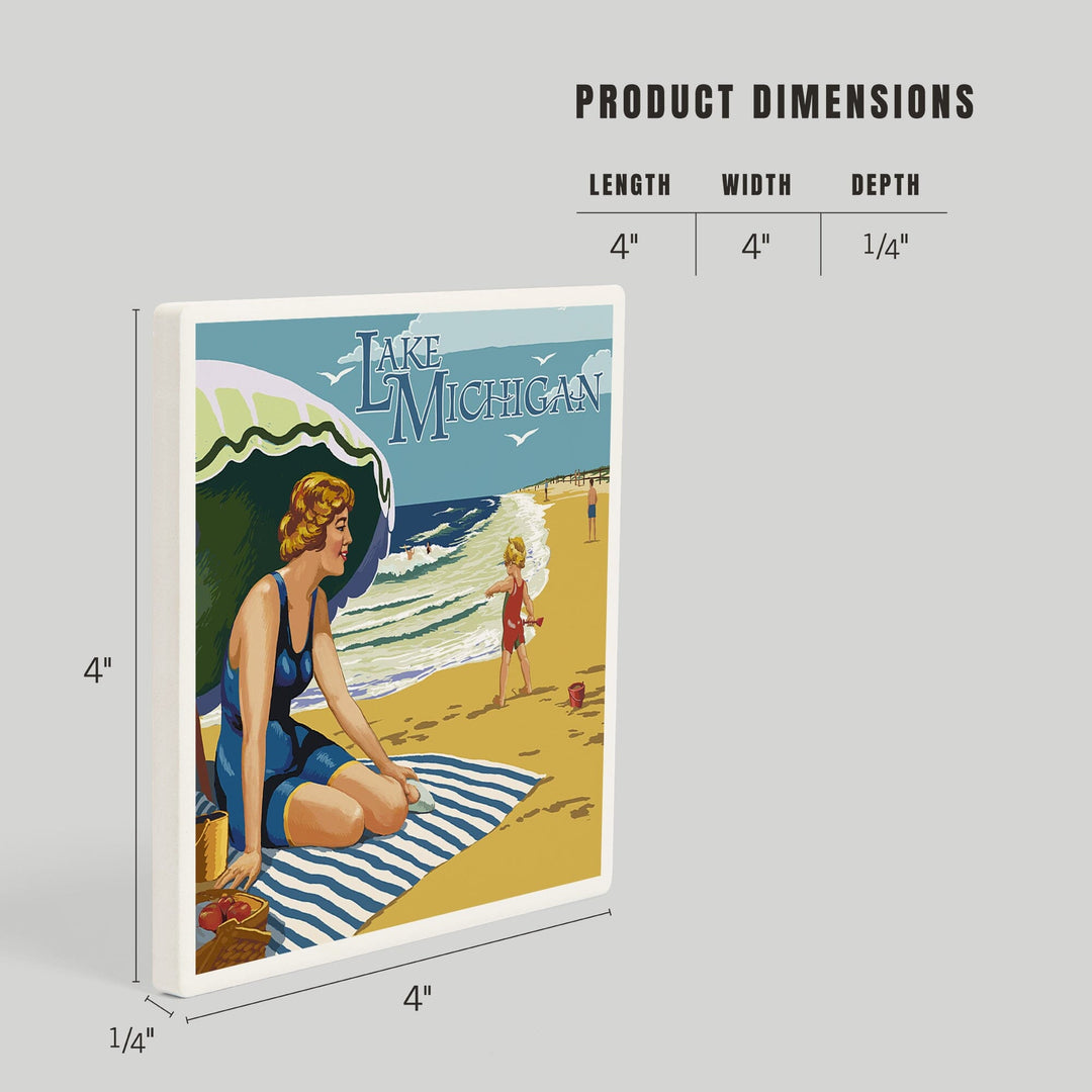 Lake Michigan, Beach Scene, Coasters Coasters Lantern Press
