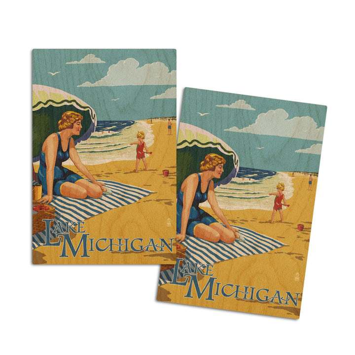 Lake Michigan, Beach Scene, Lantern Press Artwork, Wood Signs and Postcards - Lantern Press