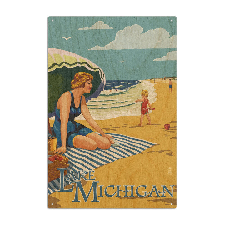 Lake Michigan, Beach Scene, Lantern Press Artwork, Wood Signs and Postcards - Lantern Press