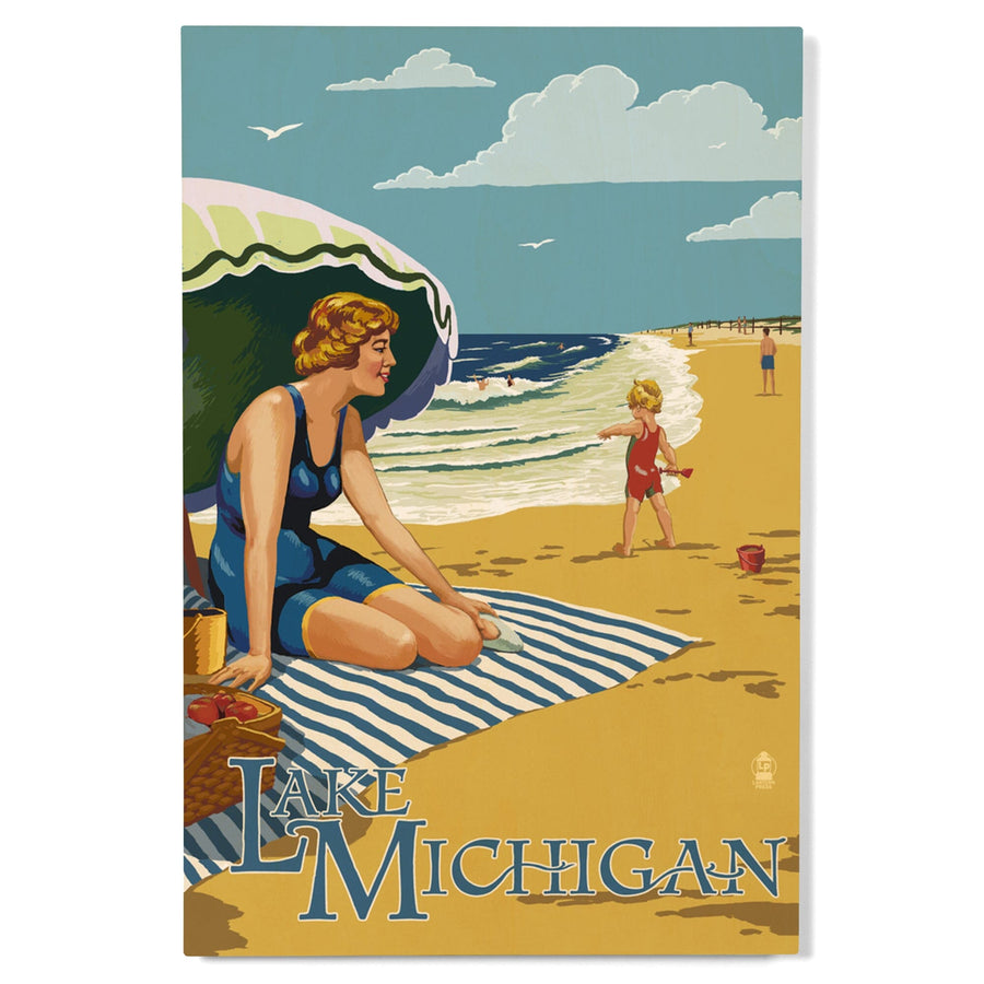 Lake Michigan, Beach Scene, Lantern Press Artwork, Wood Signs and Postcards - Lantern Press