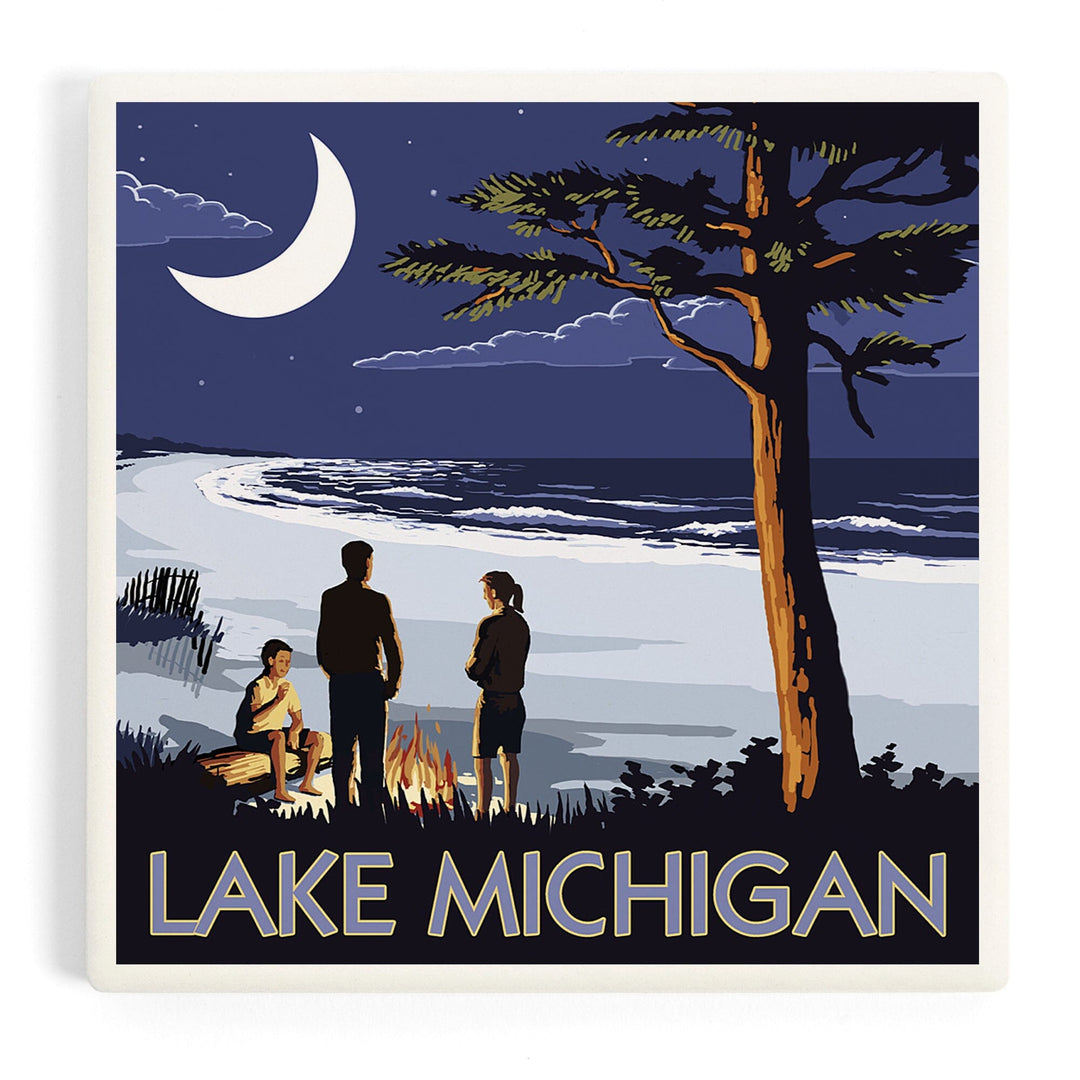Lake Michigan, Bonfire at Night Scene, Coasters Coasters Lantern Press