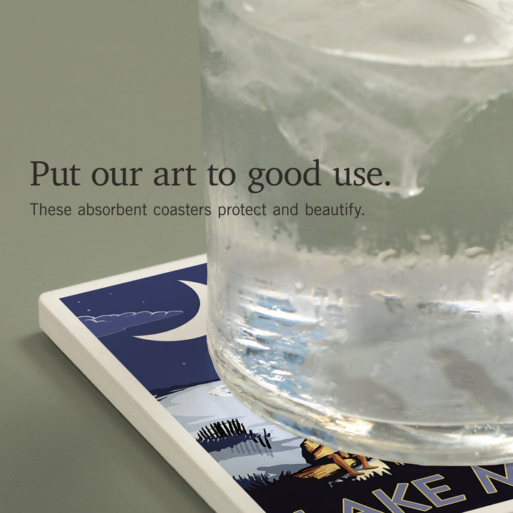 Lake Michigan, Bonfire at Night Scene, Coasters Coasters Lantern Press