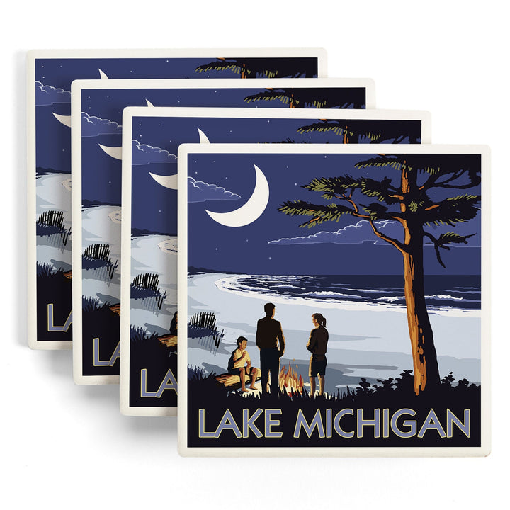 Lake Michigan, Bonfire at Night Scene, Coasters Coasters Lantern Press