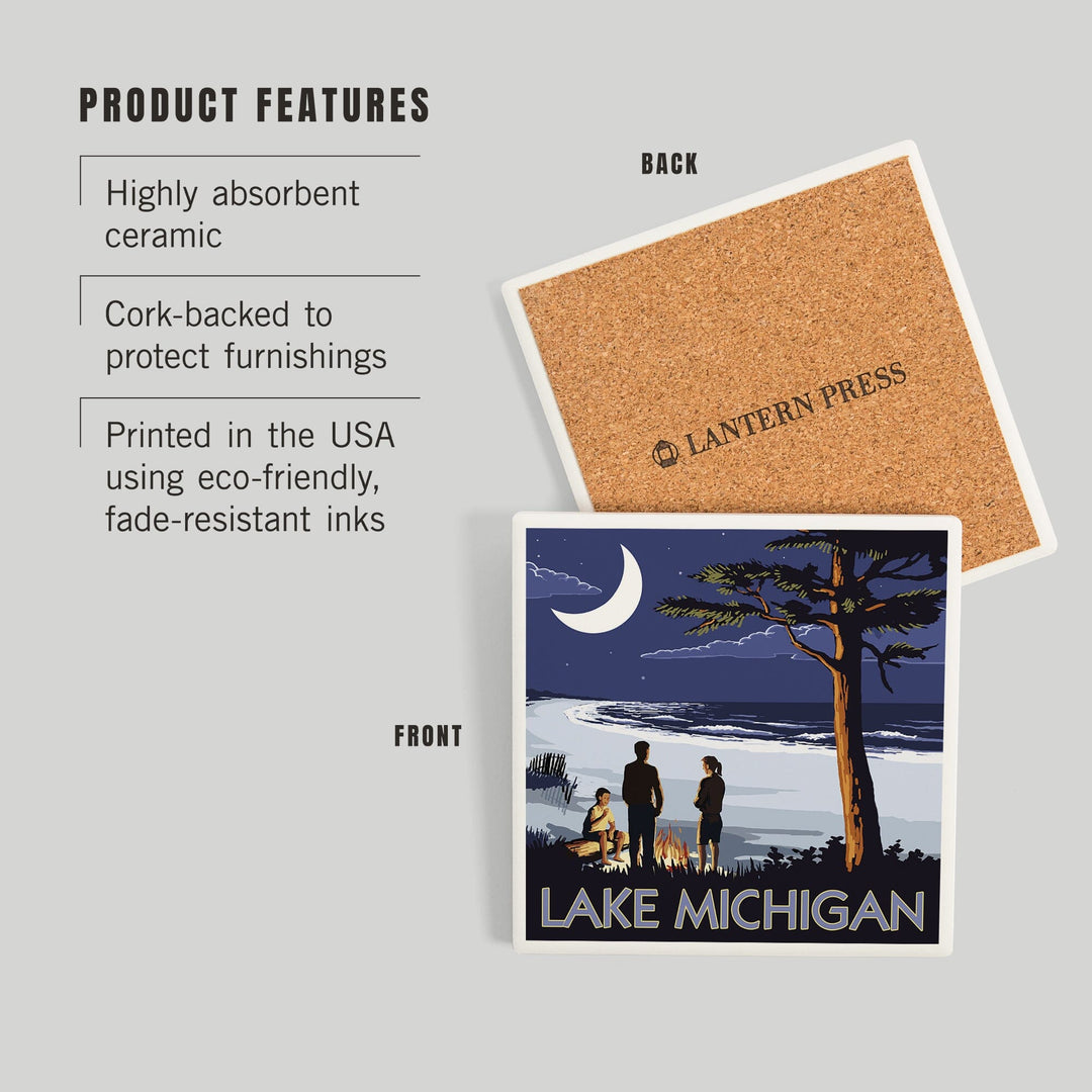 Lake Michigan, Bonfire at Night Scene, Coasters Coasters Lantern Press