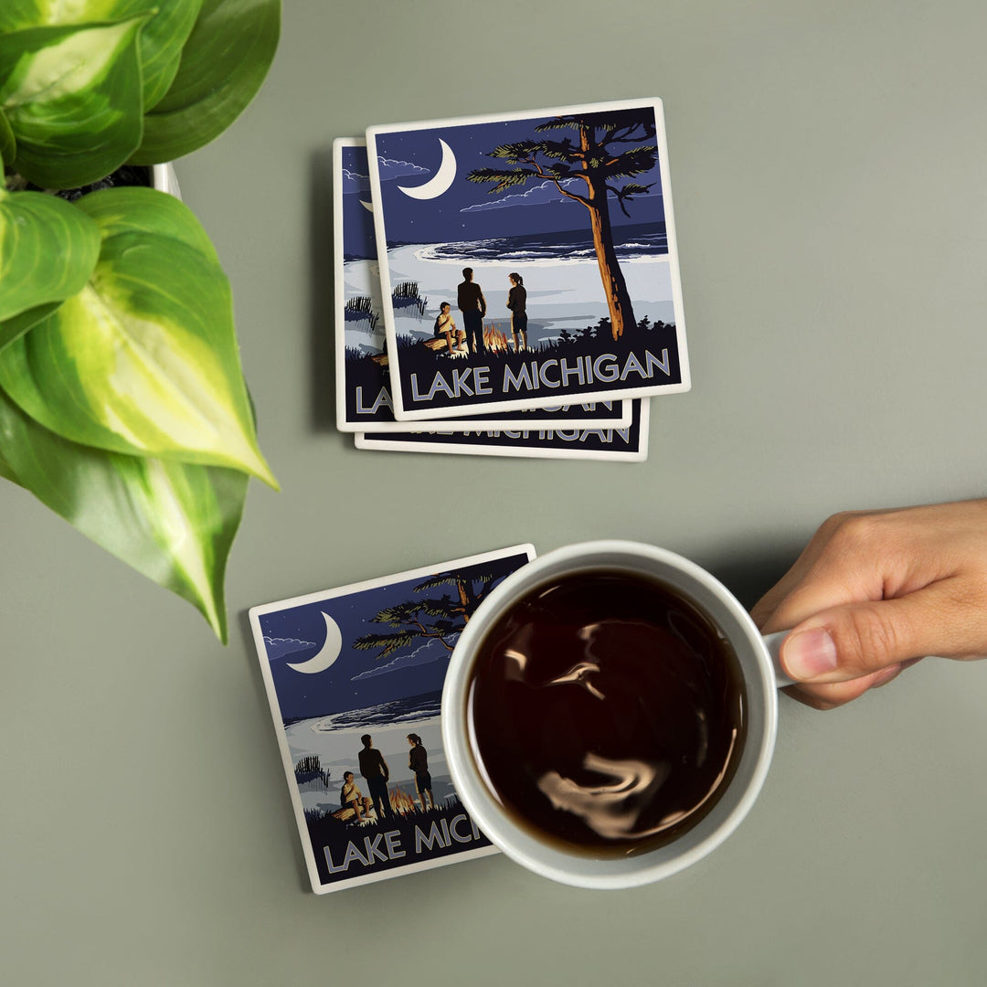 Lake Michigan, Bonfire at Night Scene, Coasters Coasters Lantern Press