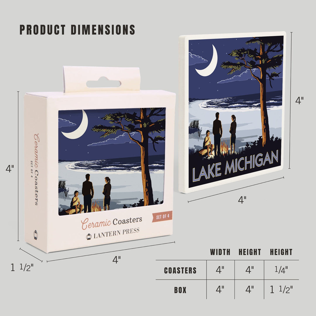 Lake Michigan, Bonfire at Night Scene, Coasters Coasters Lantern Press
