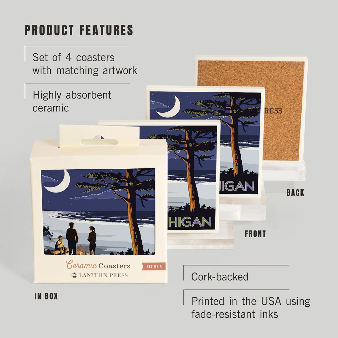 Lake Michigan, Bonfire at Night Scene, Coasters Coasters Lantern Press