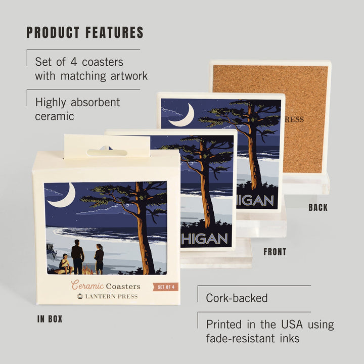 Lake Michigan, Bonfire at Night Scene, Coasters Coasters Lantern Press
