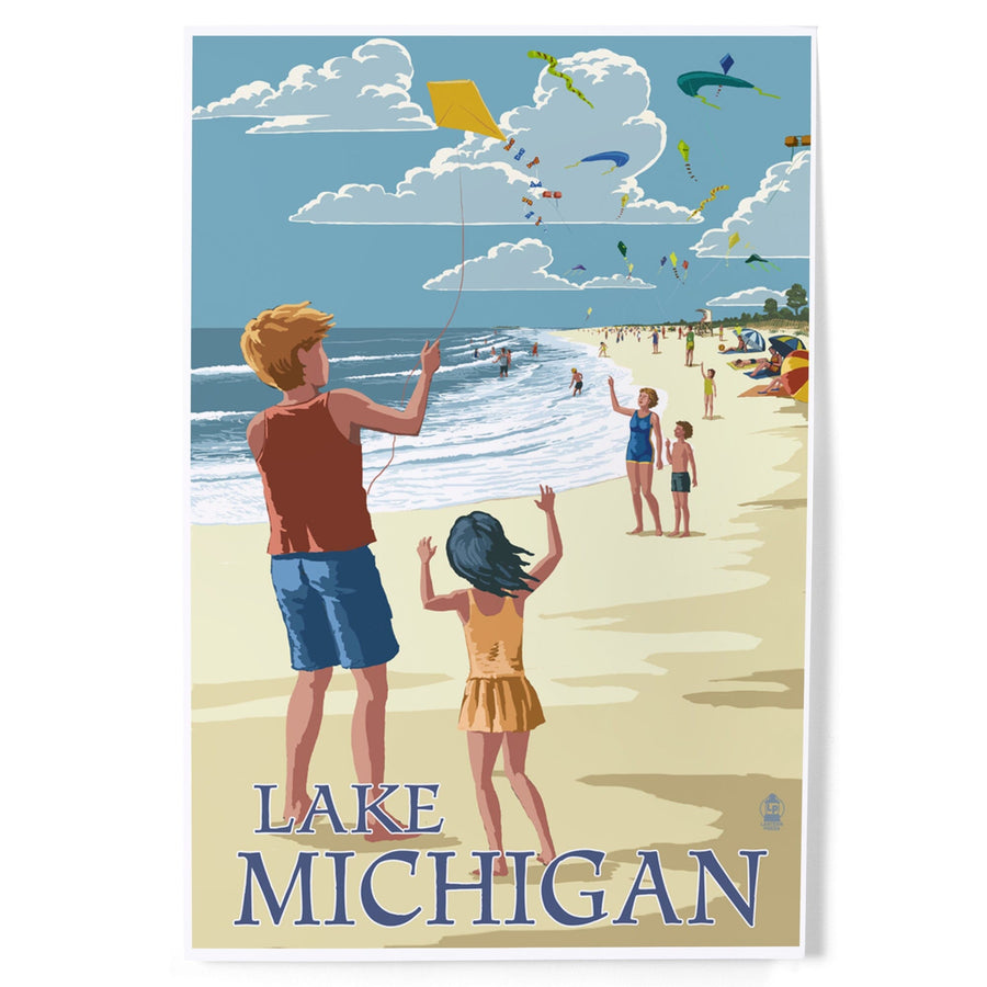 Lake Michigan, Children Flying Kites, Art & Giclee Prints - Lantern Press