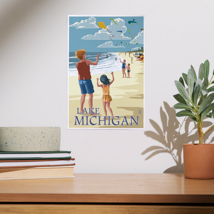 Lake Michigan, Children Flying Kites, Art & Giclee Prints - Lantern Press