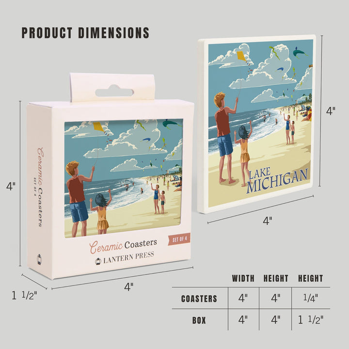 Lake Michigan, Children Flying Kites, Coasters Coasters Lantern Press
