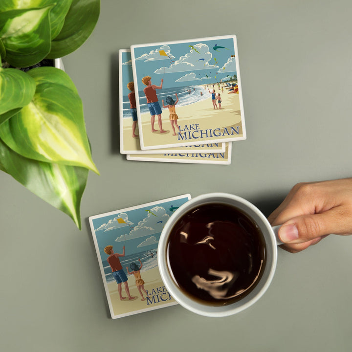Lake Michigan, Children Flying Kites, Coasters Coasters Lantern Press