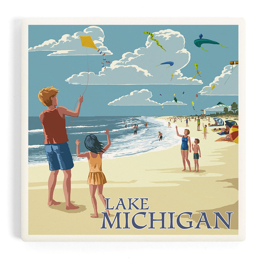 Lake Michigan, Children Flying Kites, Coasters Coasters Lantern Press Coaster