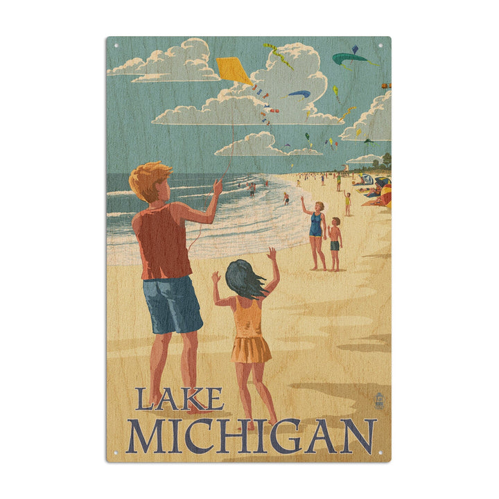 Lake Michigan, Children Flying Kites, Lantern Press Artwork, Wood Signs and Postcards - Lantern Press