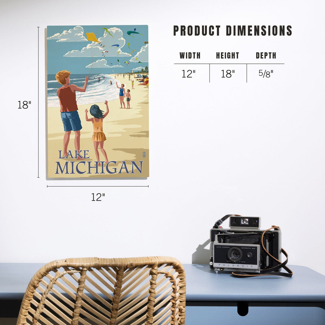 Lake Michigan, Children Flying Kites, Lantern Press Artwork, Wood Signs and Postcards - Lantern Press