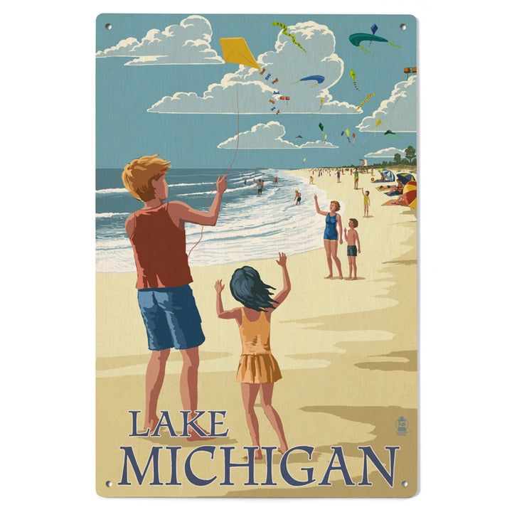 Lake Michigan, Children Flying Kites, Lantern Press Artwork, Wood Signs and Postcards - Lantern Press