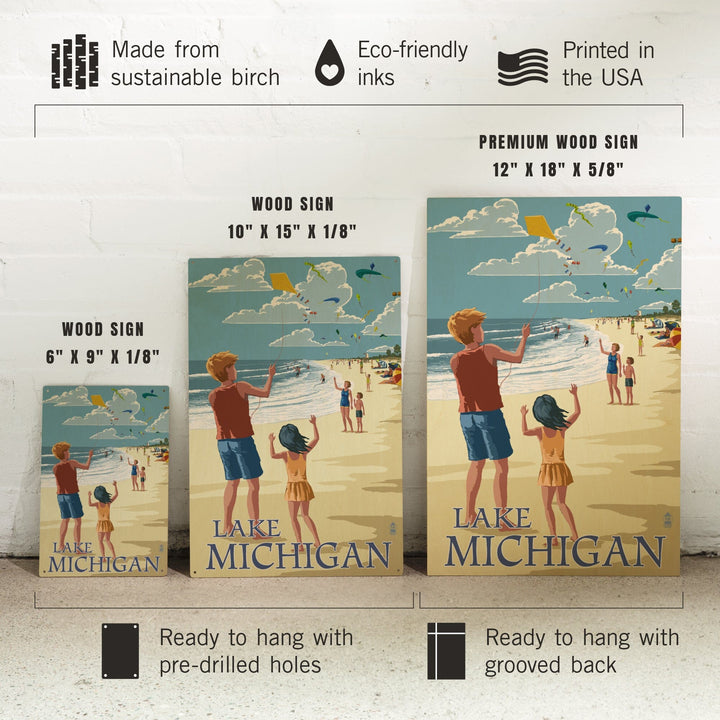 Lake Michigan, Children Flying Kites, Lantern Press Artwork, Wood Signs and Postcards - Lantern Press