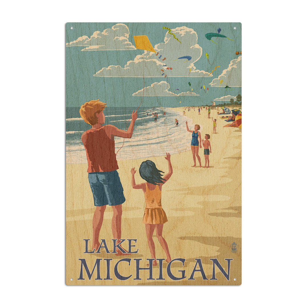 Lake Michigan, Children Flying Kites, Lantern Press Artwork, Wood Signs and Postcards - Lantern Press