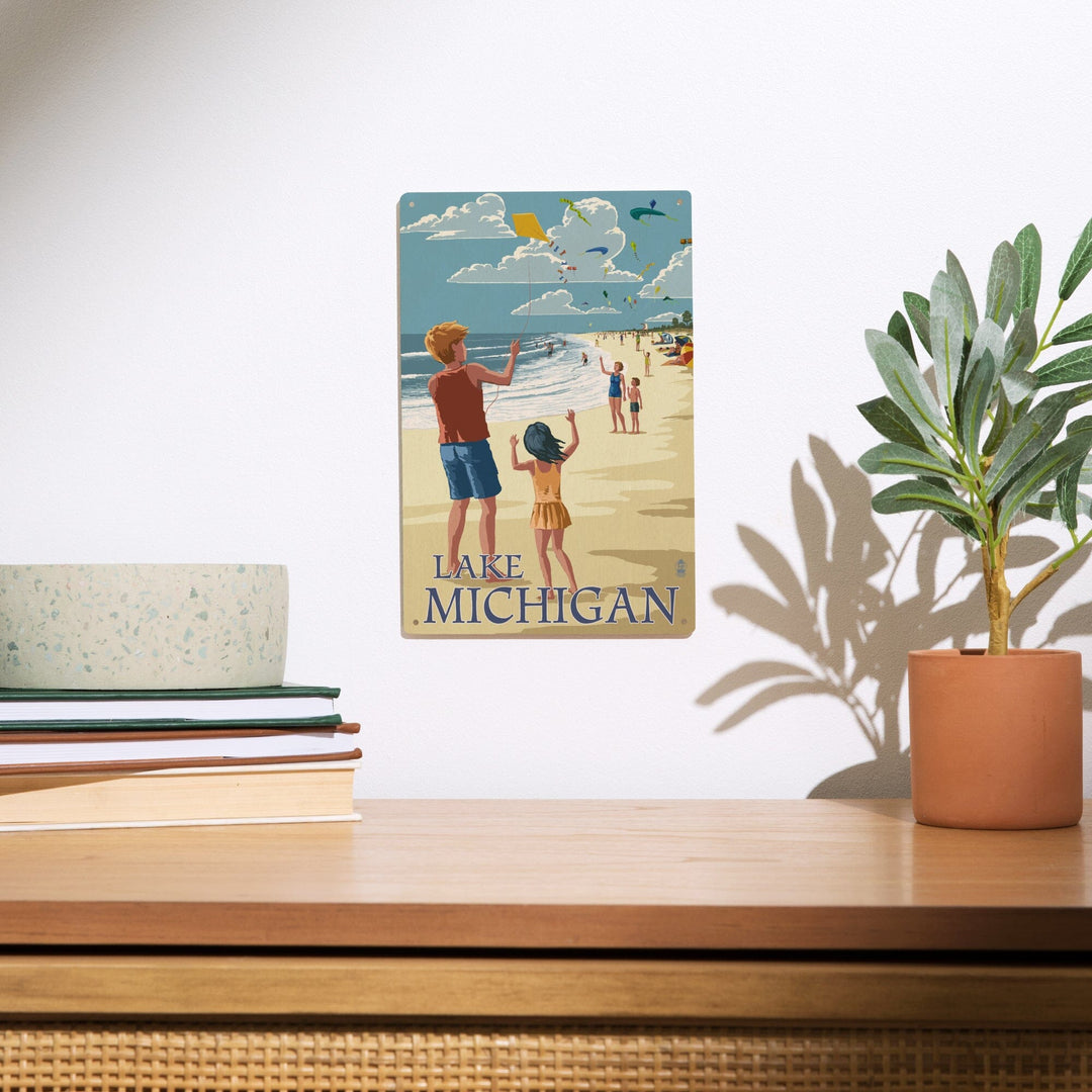 Lake Michigan, Children Flying Kites, Lantern Press Artwork, Wood Signs and Postcards - Lantern Press