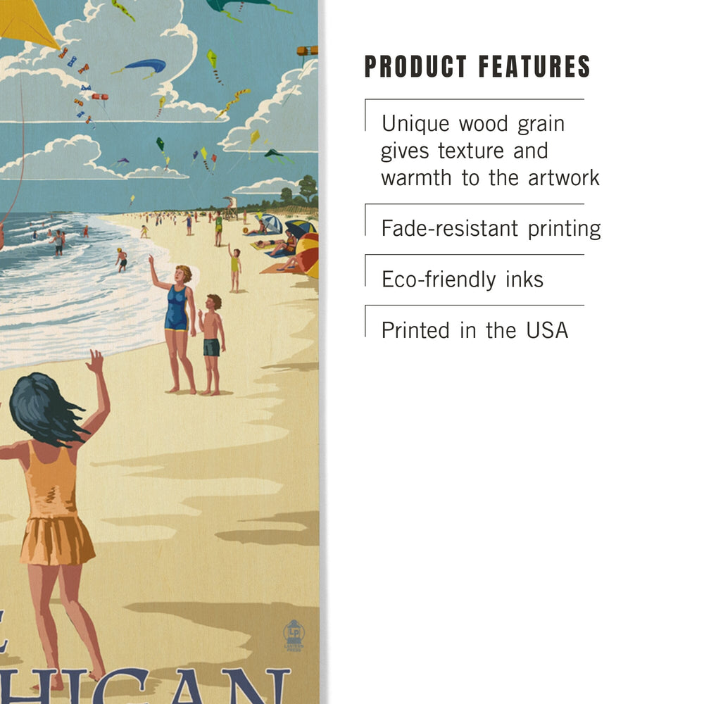 Lake Michigan, Children Flying Kites, Lantern Press Artwork, Wood Signs and Postcards - Lantern Press