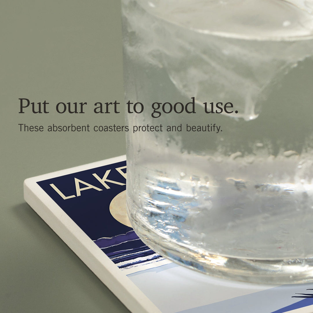 Lake Michigan, Full Moon Night Scene, Coasters Coasters Lantern Press