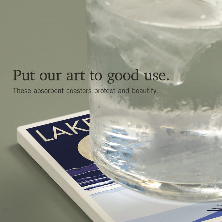 Lake Michigan, Full Moon Night Scene, Coasters Coasters Lantern Press