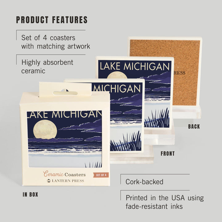 Lake Michigan, Full Moon Night Scene, Coasters Coasters Lantern Press