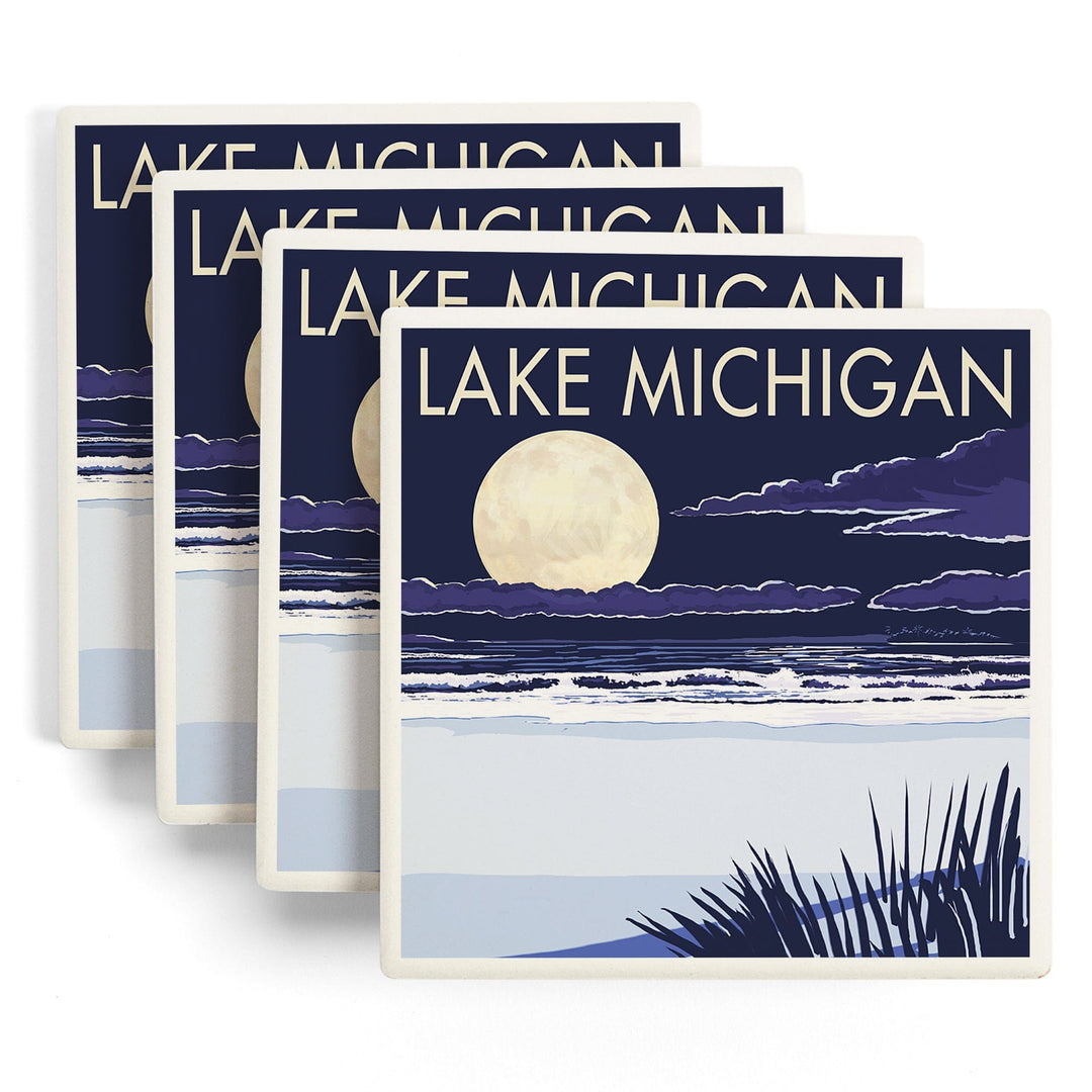 Lake Michigan, Full Moon Night Scene, Coasters Coasters Lantern Press