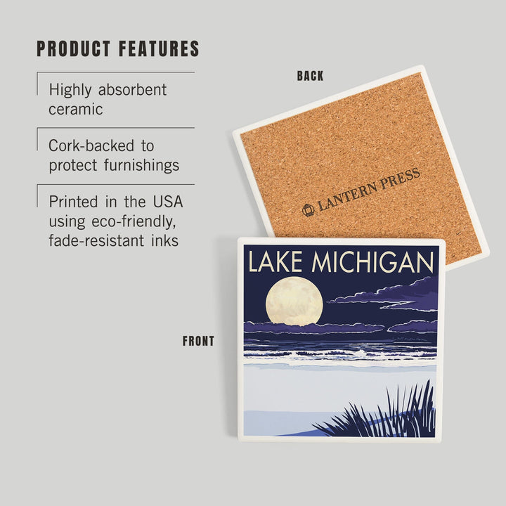 Lake Michigan, Full Moon Night Scene, Coasters Coasters Lantern Press