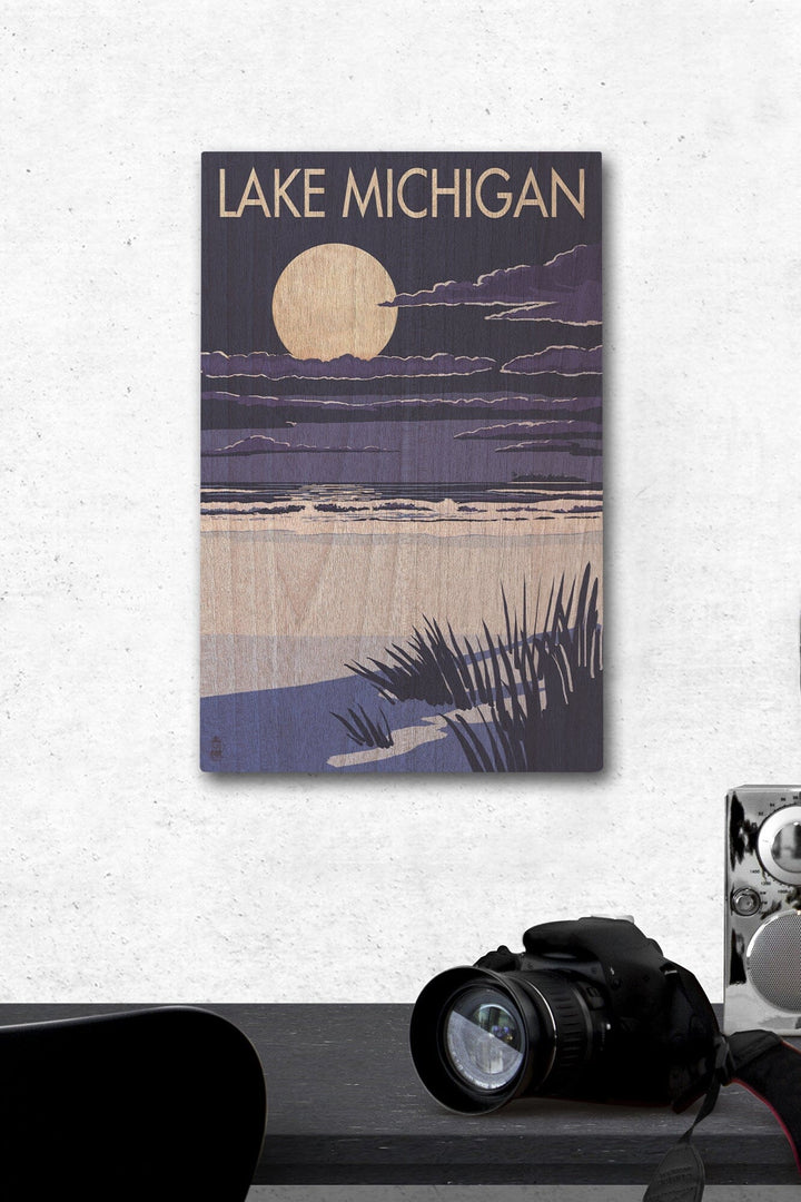 Lake Michigan, Full Moon Night Scene, Lantern Press Artwork, Wood Signs and Postcards - Lantern Press