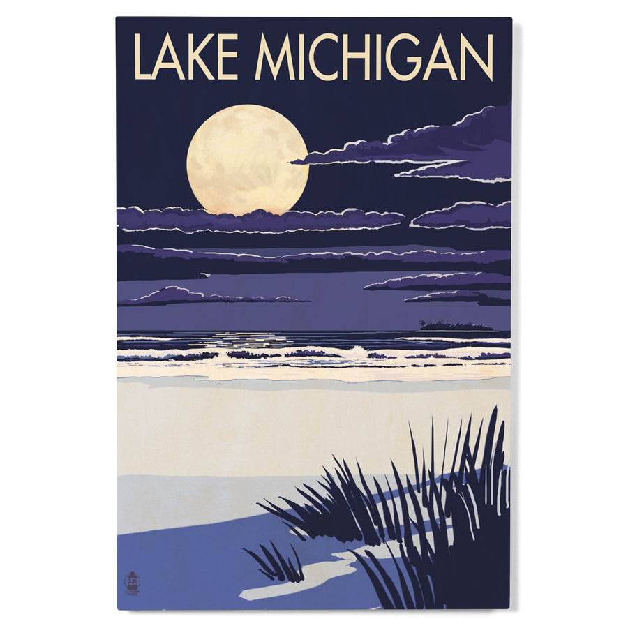 Lake Michigan, Full Moon Night Scene, Lantern Press Artwork, Wood Signs and Postcards - Lantern Press