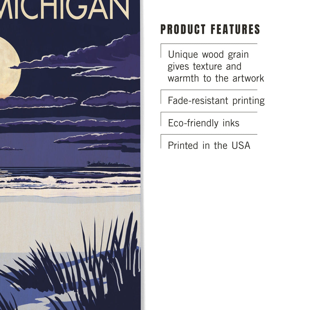 Lake Michigan, Full Moon Night Scene, Lantern Press Artwork, Wood Signs and Postcards - Lantern Press
