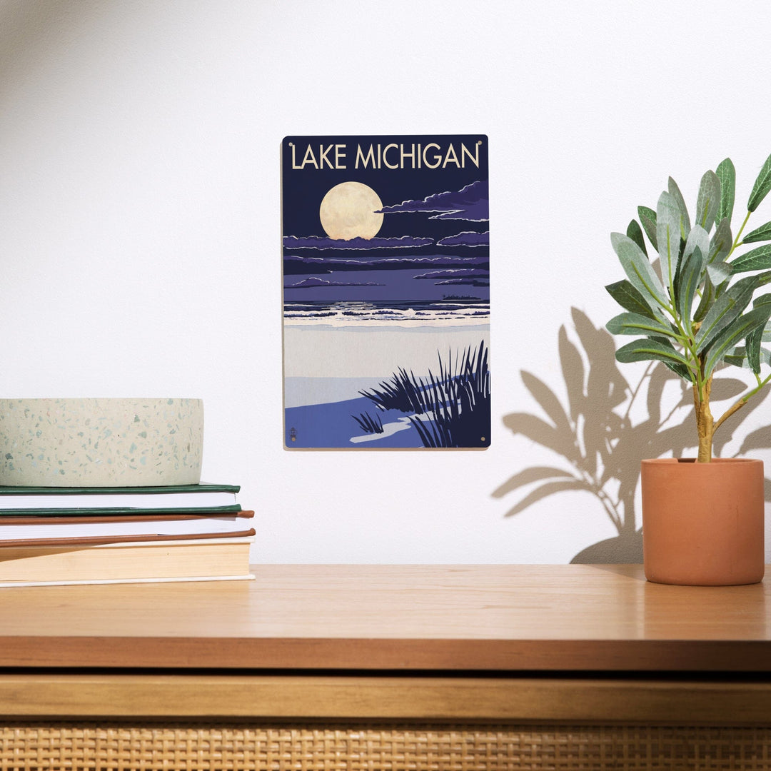 Lake Michigan, Full Moon Night Scene, Lantern Press Artwork, Wood Signs and Postcards - Lantern Press