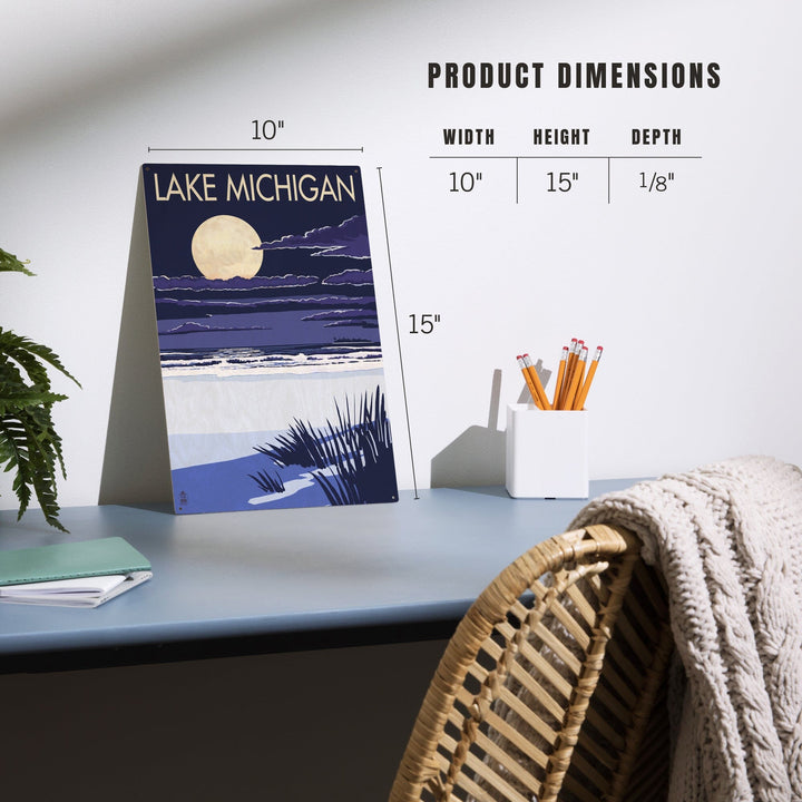 Lake Michigan, Full Moon Night Scene, Lantern Press Artwork, Wood Signs and Postcards - Lantern Press