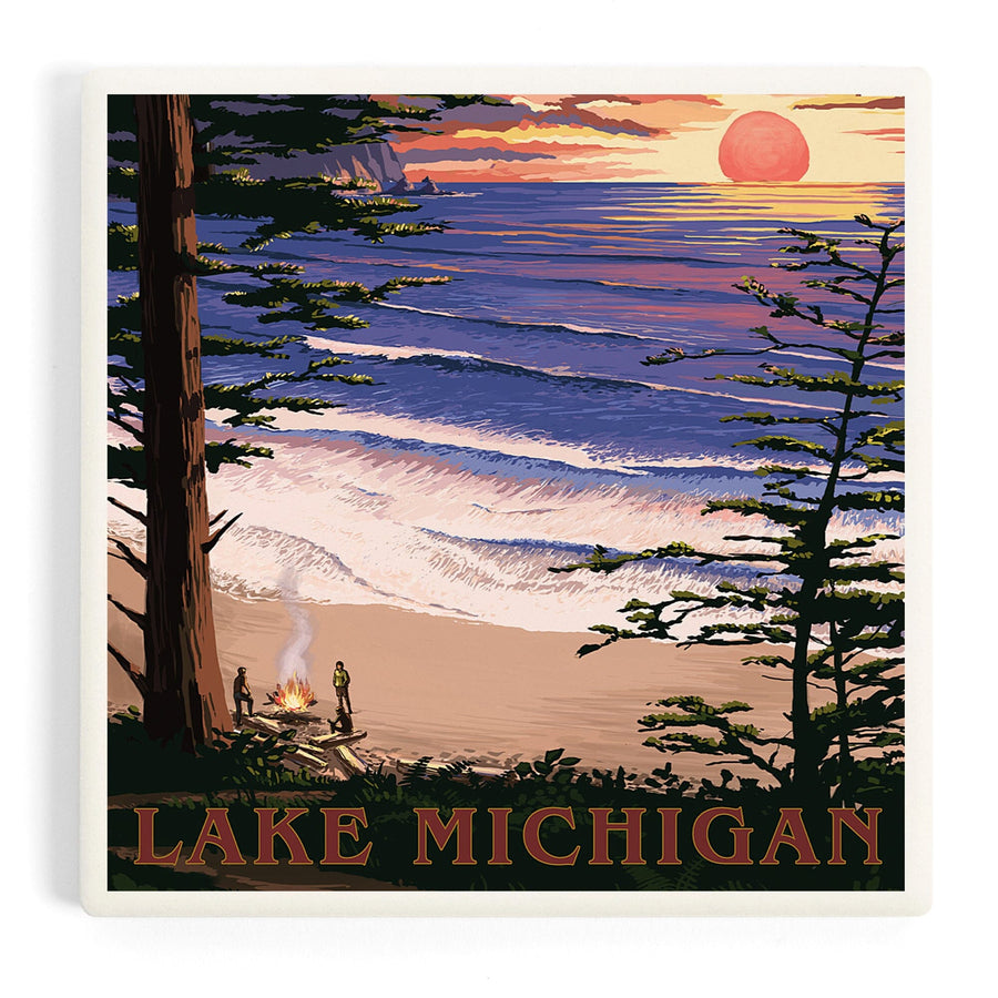 Lake Michigan, Sunset on Beach, Coasters Coasters Lantern Press