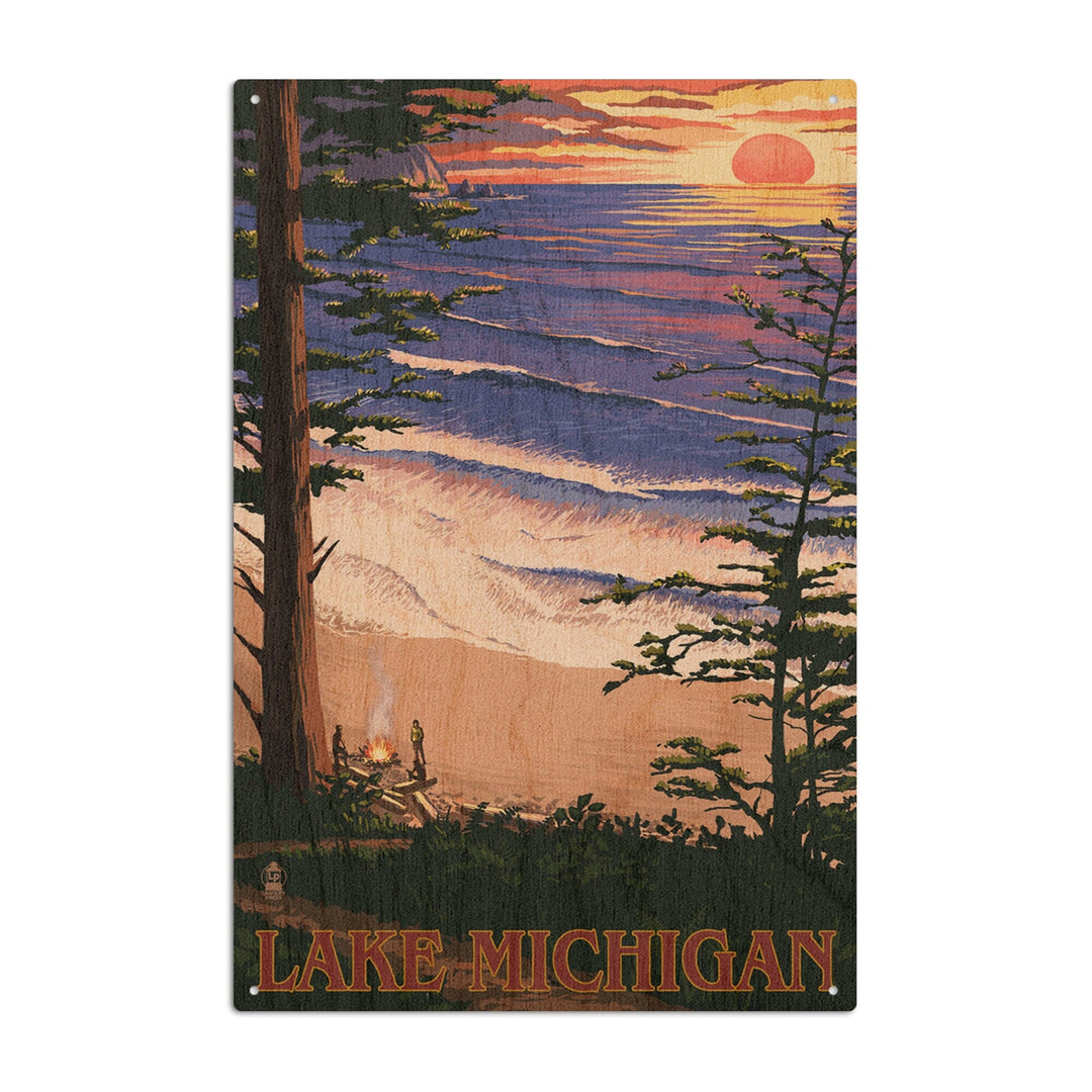 Lake Michigan, Sunset on Beach, Lantern Press Artwork, Wood Signs and Postcards - Lantern Press