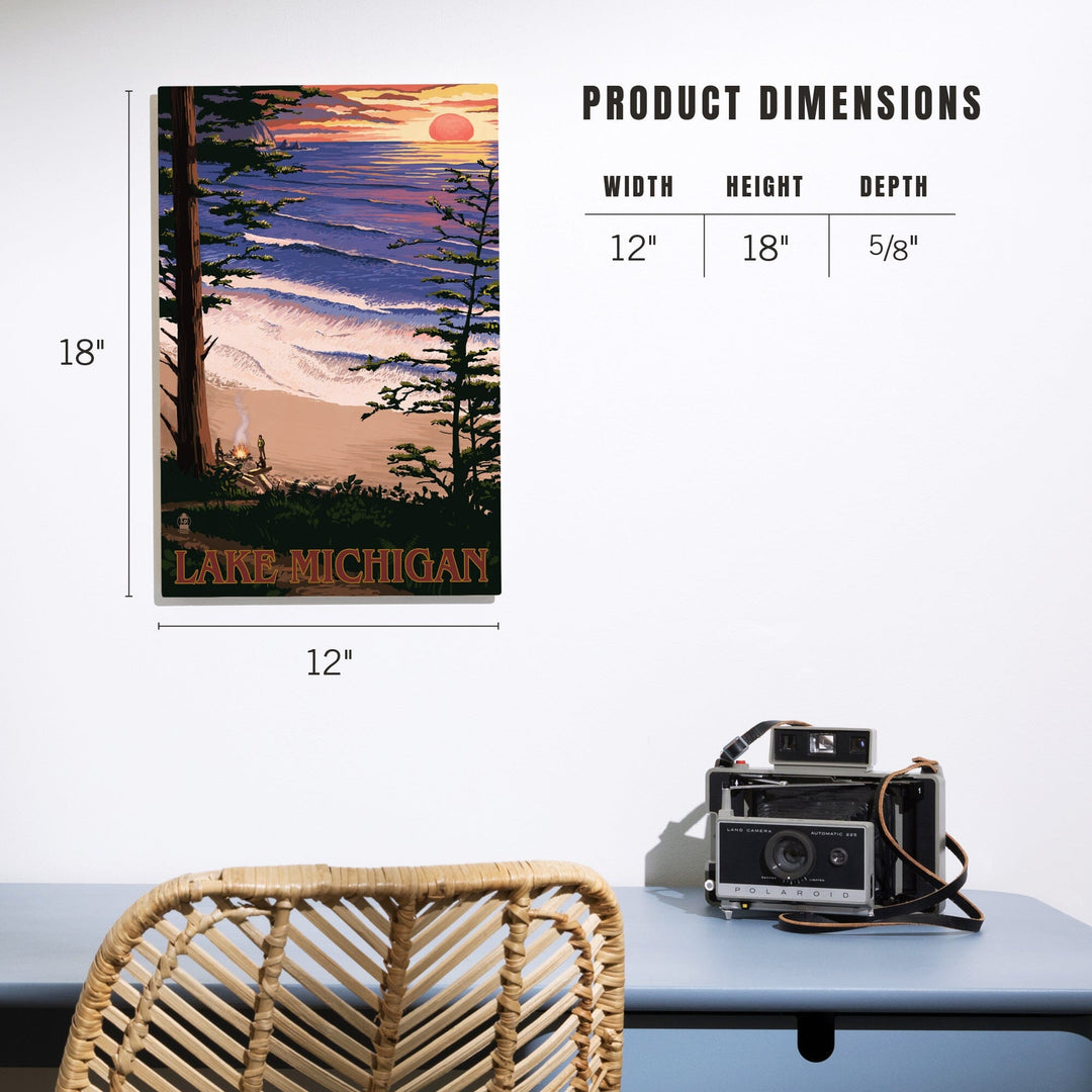 Lake Michigan, Sunset on Beach, Lantern Press Artwork, Wood Signs and Postcards - Lantern Press